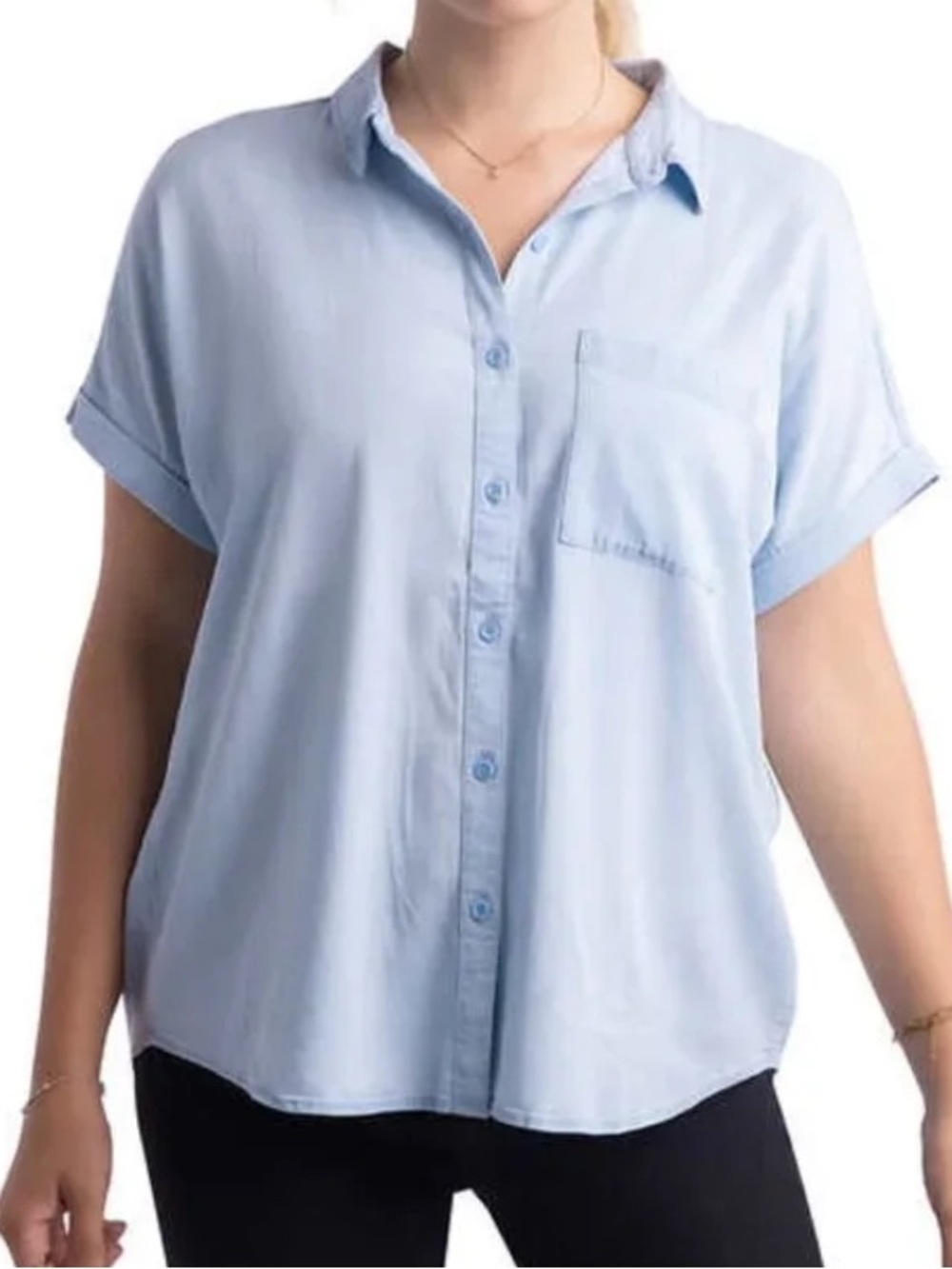 Como Vintage Light Blue Short Sleeve Button Down Shirt Roll Sleeve Blouse Size